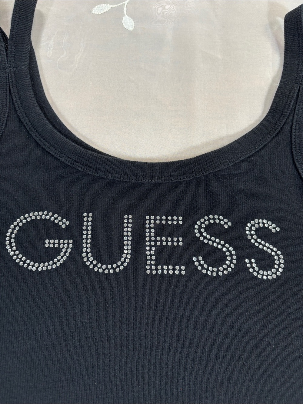 GUESS Black Tank Top with Rhinestone Logo Size Large - Picture 2 of 10